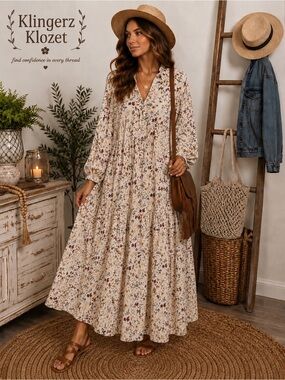 SHEIN Cream Floral Tiered Long Sleeve Maxi Dress